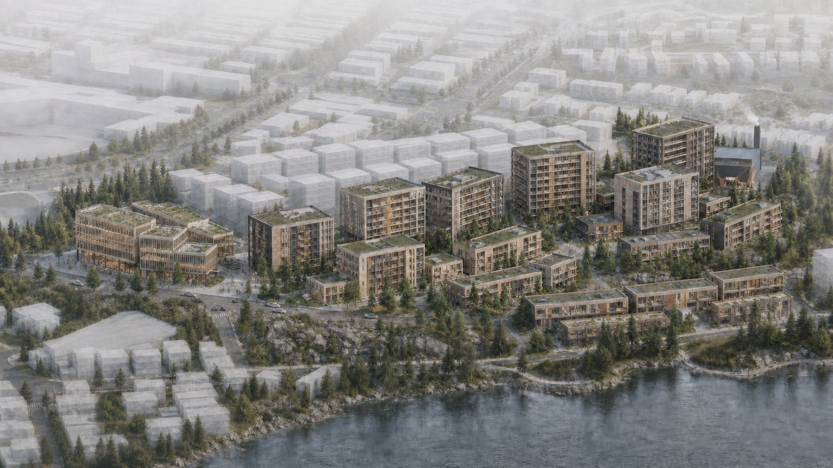 Aerial rendering of a masterplan community on the shore of Great Slave Lake