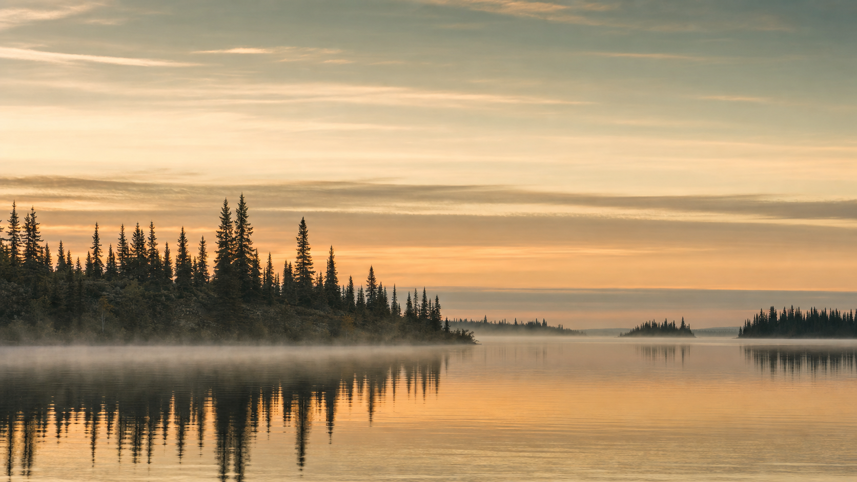 Great Slave Lake at dawn with boreal treeline and mist